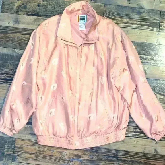 Vintage EVR Jacket 100% Silk with Pink and Gold Leaf design size Large - Picture 2 of 5